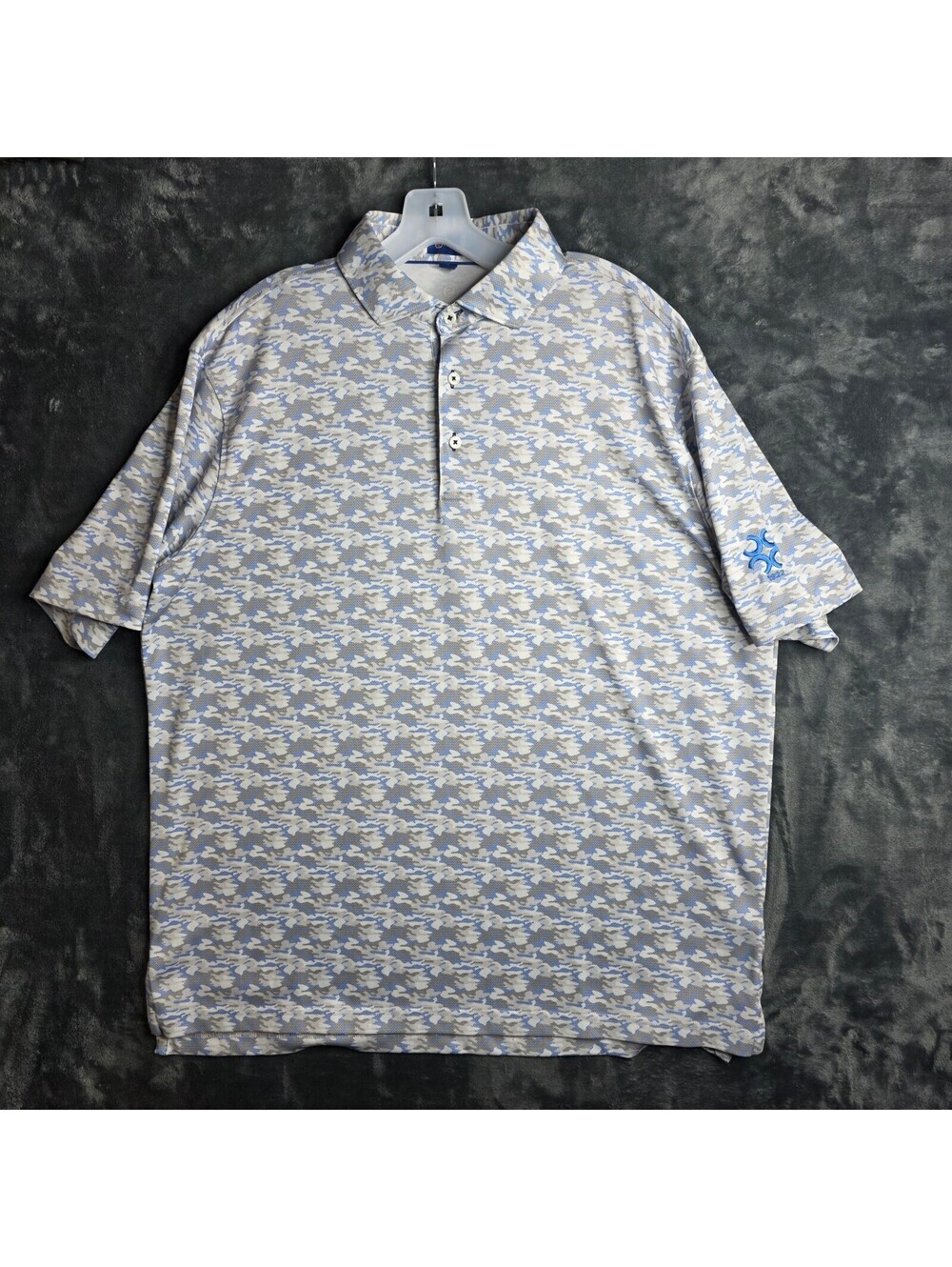 Stitch Performance Polo Shirt Mens Large Blue Gray Camo Golf Stretch Preppy